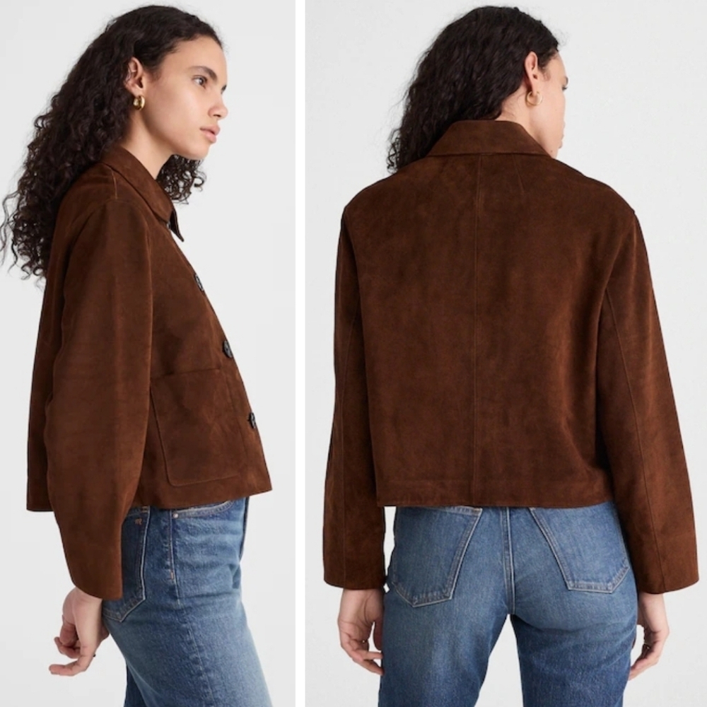 New! Madewell Boxy Crop Jacket in Suede Dark Roast Suede - Picture 3 of 16